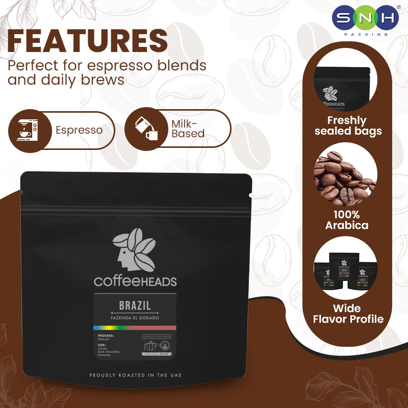 Coffee package with 'CoffeeHeads' branding and features listed on a brown background.