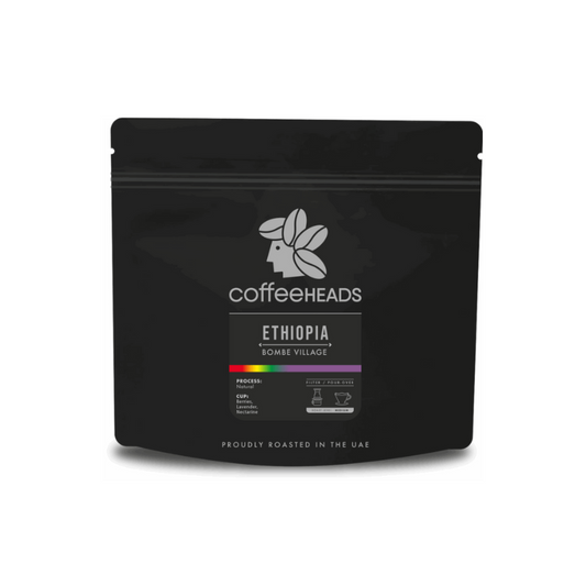 Black coffee packaging with 'Coffeeheads' branding on a white background