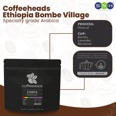 Coffee package labeled 'Coffeeheads Ethiopia Bombe Village' with coffee flavor and process details.