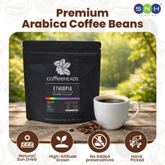 Coffee package with a cup of coffee on a wooden surface, featuring 'CoffeeHeads' brand.