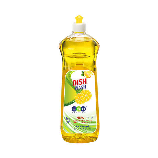 A yellow plastic bottle of SNH Lemon Dish Wash Liquid with a label featuring a lemon illustration and text indicating the product is a 1 liter dishwashing soap.
