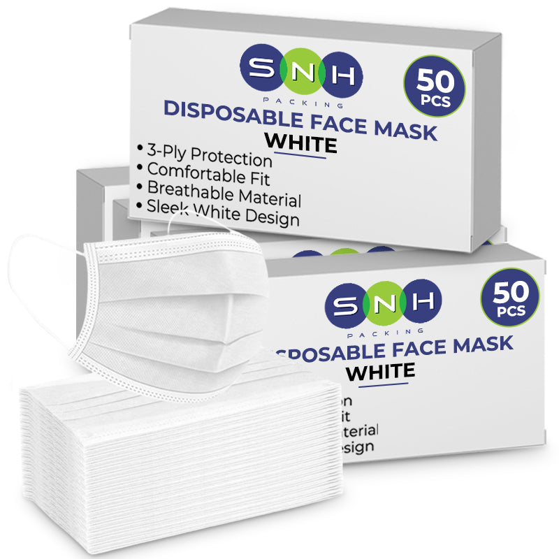 Box of SNH disposable face masks with a white background