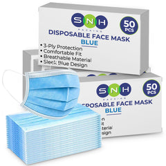 Box of SNH disposable face masks with a stack of blue masks on a white background