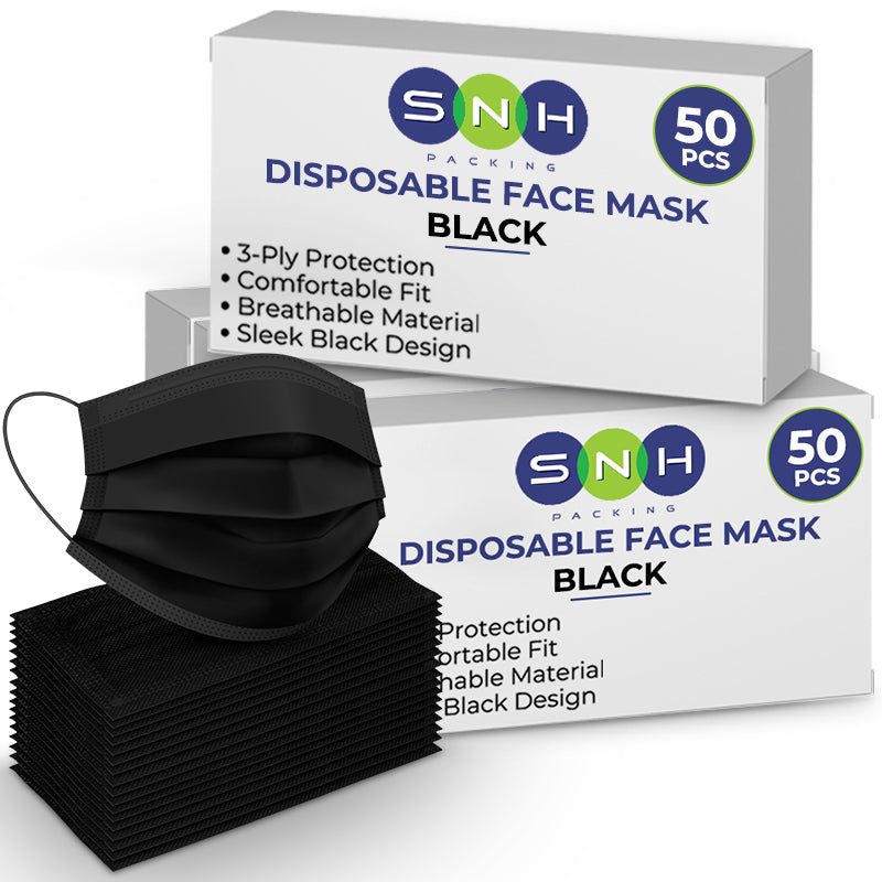 Black disposable face masks with packaging labeled SNH on a white background