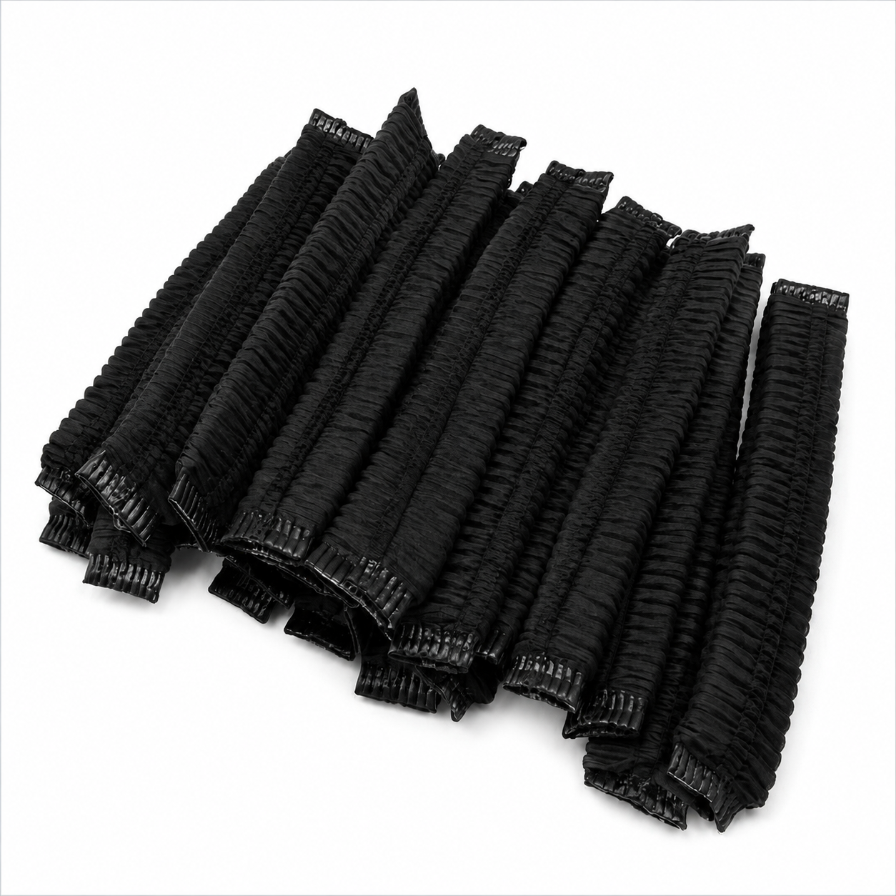 A set of black ribbed elastic hair extension bands arranged in a fan shape on a plain white background.
