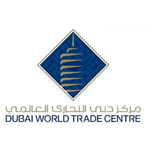 Logo of Dubai World Trade Centre with a blue and gold design on a white background