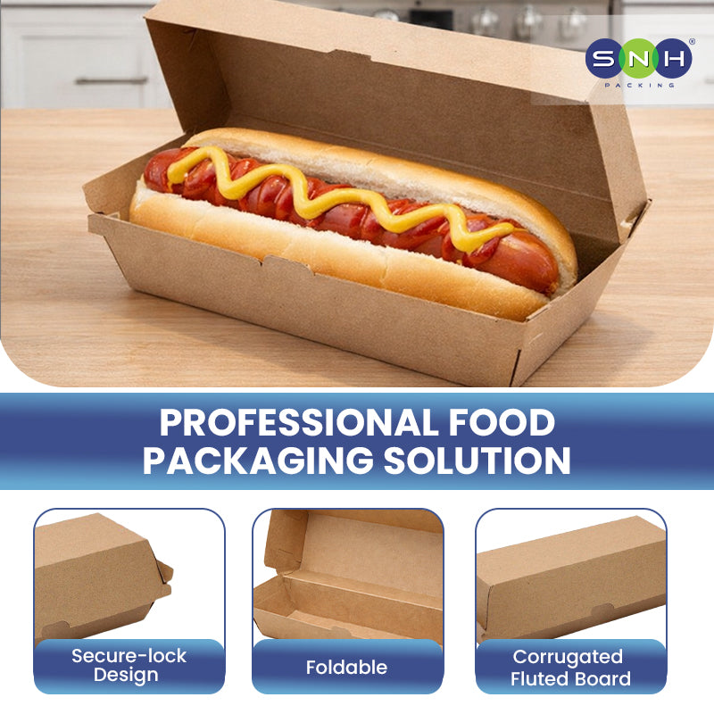 Hot dog in a cardboard container with 'SNH' branding, labeled as a professional food packaging solution.