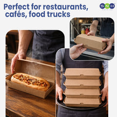 Cardboard food packaging solution for restaurants, cafes, and food trucks with a person holding a steaming hot dog and stacked boxes.