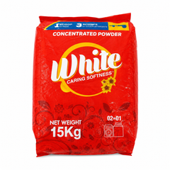 A 15kg red bag of White Caring Softness concentrated powder, featuring white and yellow branding on a clean white background.