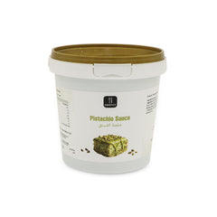 Pistachio sauce container with a white label on a white background