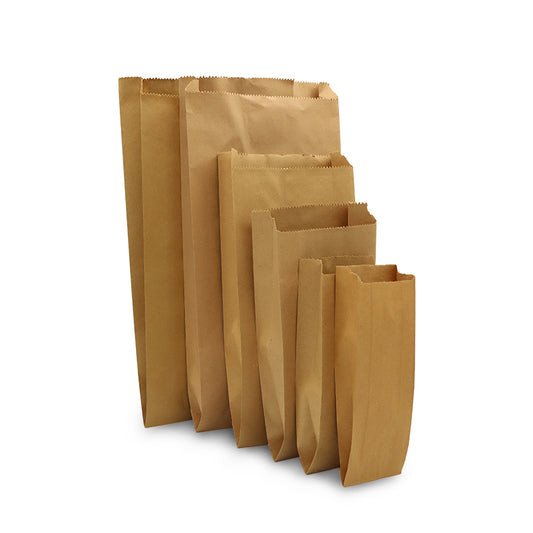 Set of brown paper bags of different sizes on a white background