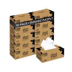 Box of Fresh tissue paper with 10 packs, each containing 150 sheets.