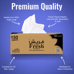 Box of Fressh premium quality facial tissue papers with features highlighted on a blue background