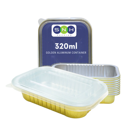 Gold-colored aluminum container with a lid, featuring SNH Packaging branding and '320ml' label.