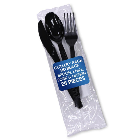 HD Black Cutlery Pack – Spoon, Knife, Fork & Napkin - SNH Packing