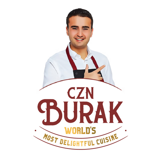 Man wearing a chef's coat with 'CZN Burak' logo on a white background
