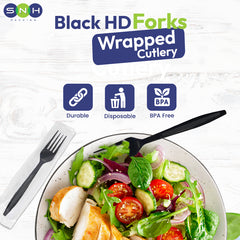 Fork Black HD Wrap Heavy Duty Individually Wrapped Disposable Plastic Forks