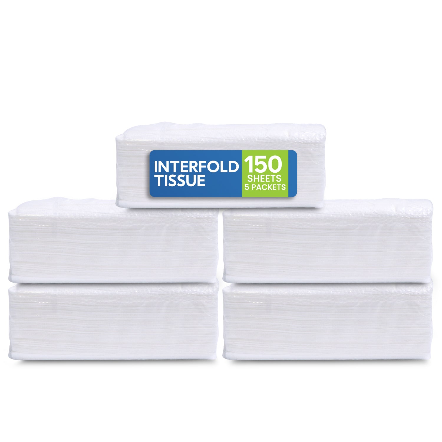 Stack of interfold tissue with a label indicating 150 sheets per packet on a white background