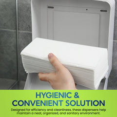 Hand reaching for a stack of white napkins from a dispenser with text about hygiene and convenience.
