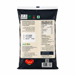 Back view of a 500g bag of Aucom Mara whole wheat semolina flour, showing product details, ingredients, and nutritional information
