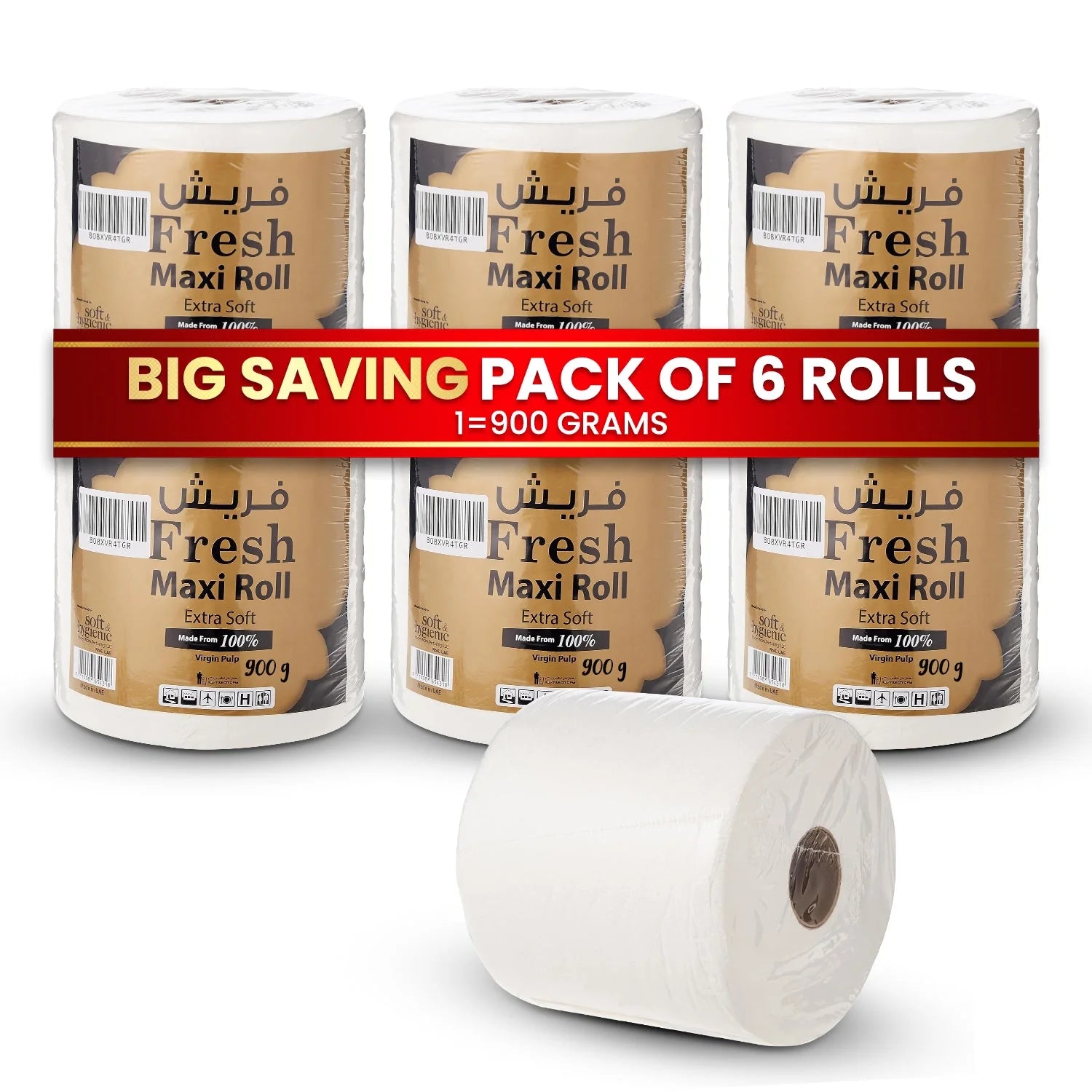 Three rolls of Fresh Maxi Roll with a fourth roll in front on a white background, featuring a promotional banner.