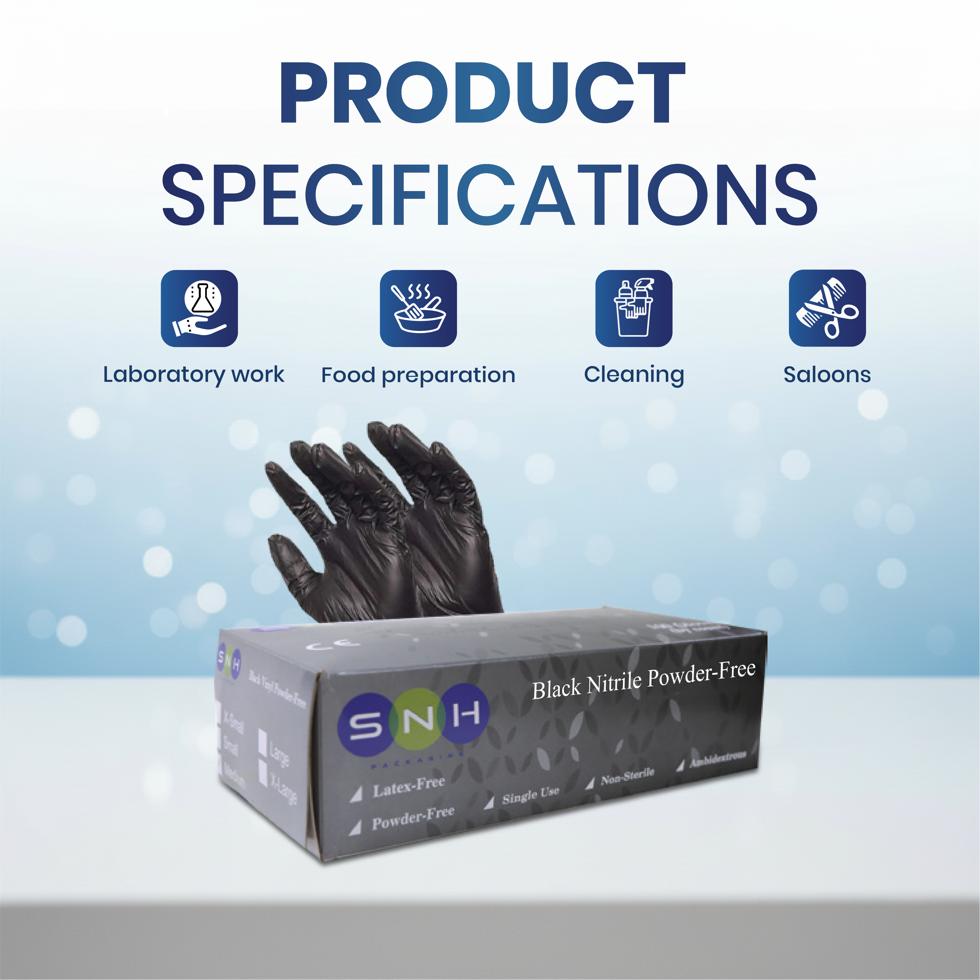 Box of black nitrile gloves with product specifications.