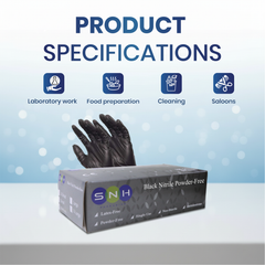 Box of black nitrile gloves with product specifications.