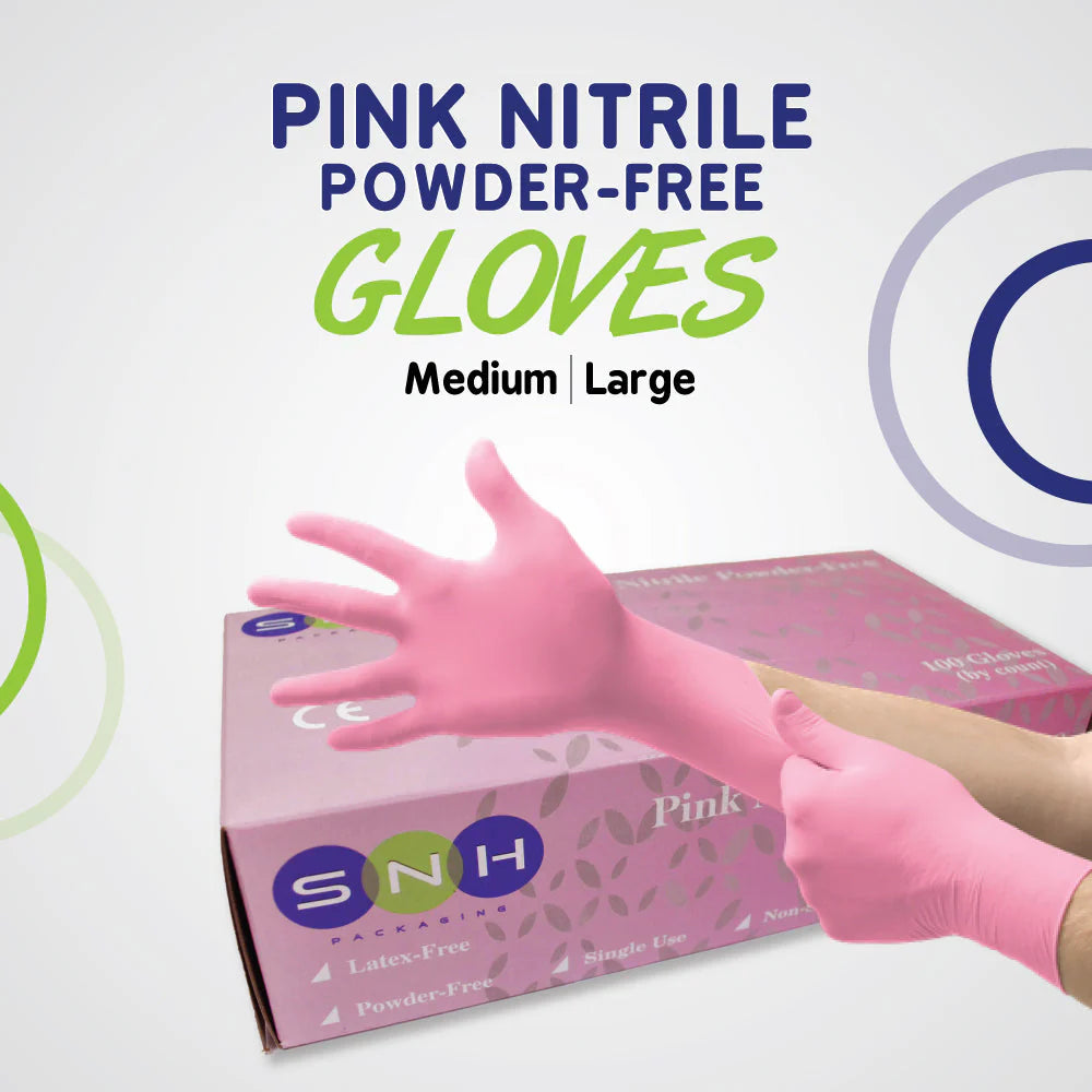 Pink nitrile gloves with a box