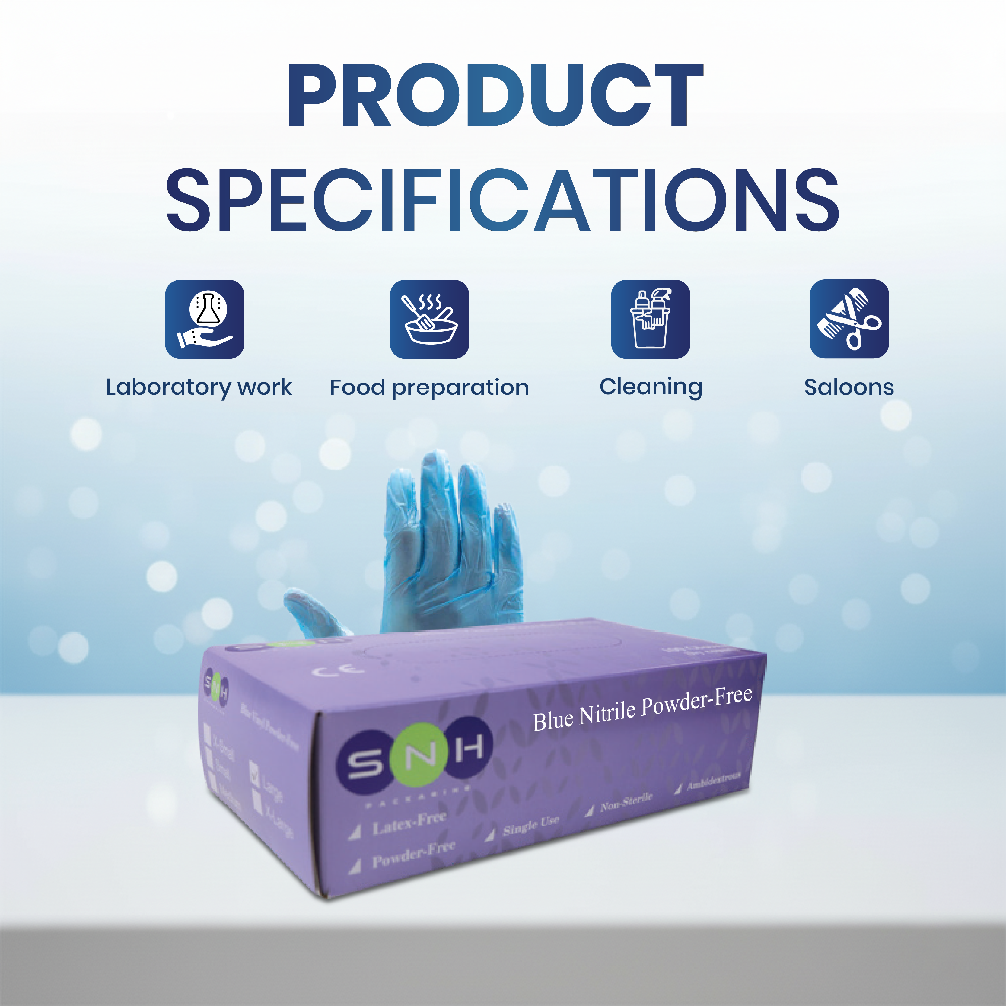 Box of blue nitrile gloves with product specifications
