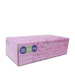 Box of pink nitrile gloves with SNH branding