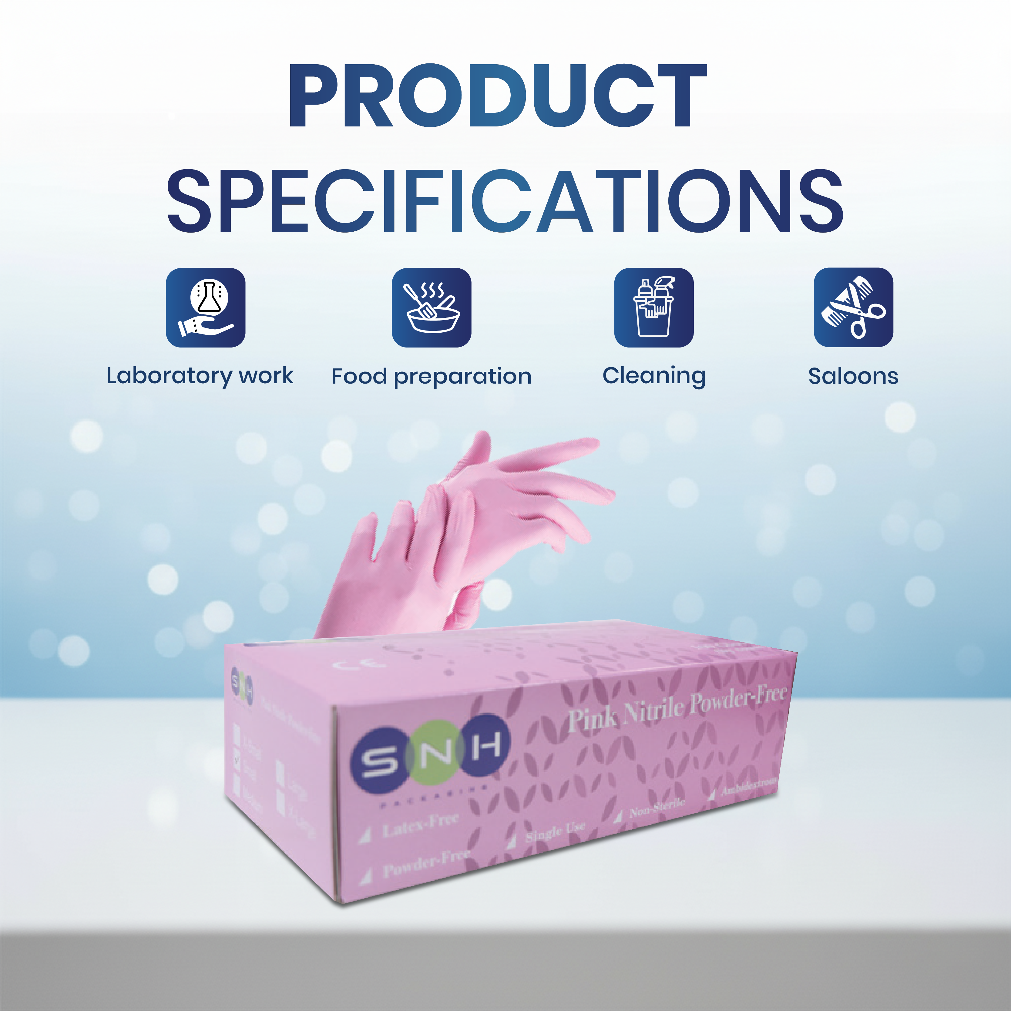 Box of pink gloves with product specifications