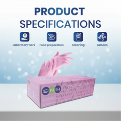Box of pink gloves with product specifications