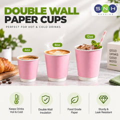 Pink Double Wall Paper Cups 4oz 8oz 12oz Hot Cold Cups - SNH Packing