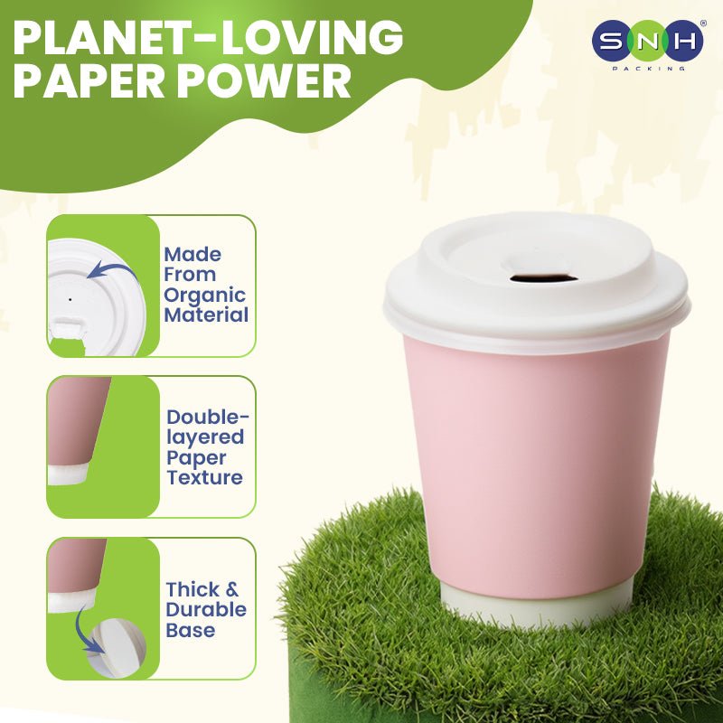 Pink Double Wall Paper Cups with Bagasse Lids - SNH Packing