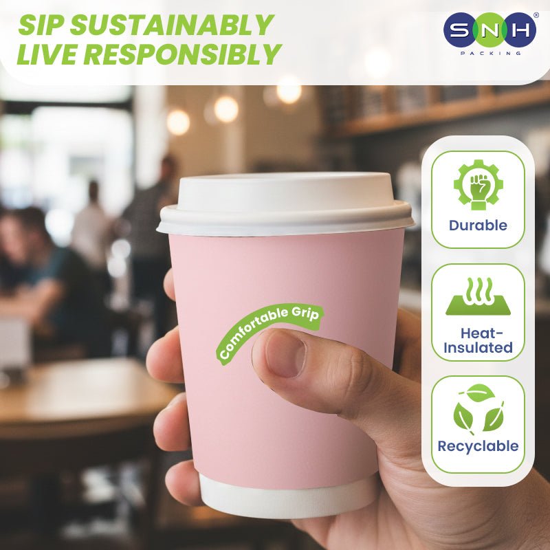 Pink Double Wall Paper Cups with Bagasse Lids - SNH Packing