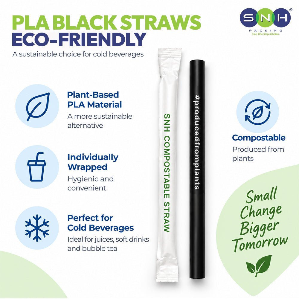 PLA Black Straws Individually Wrapped 100 PCS Eco Friendly - SNH Packing