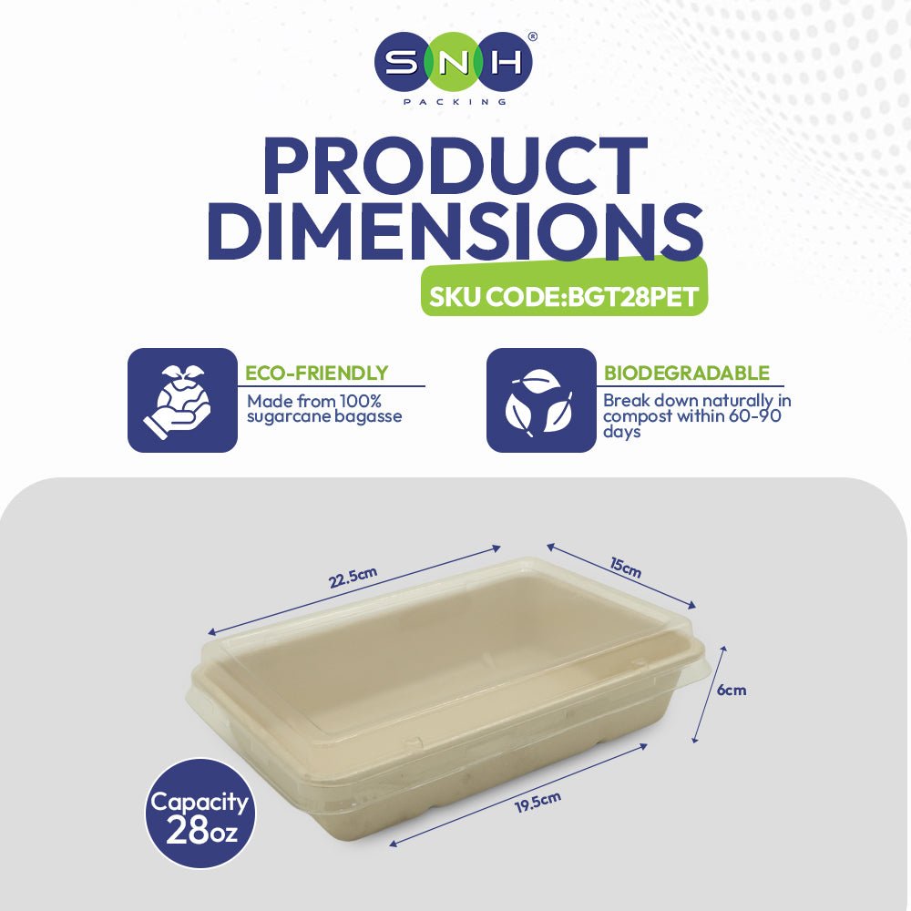 Rectangular Bagasse Tray UAE - with PET Lid - SNH Packing