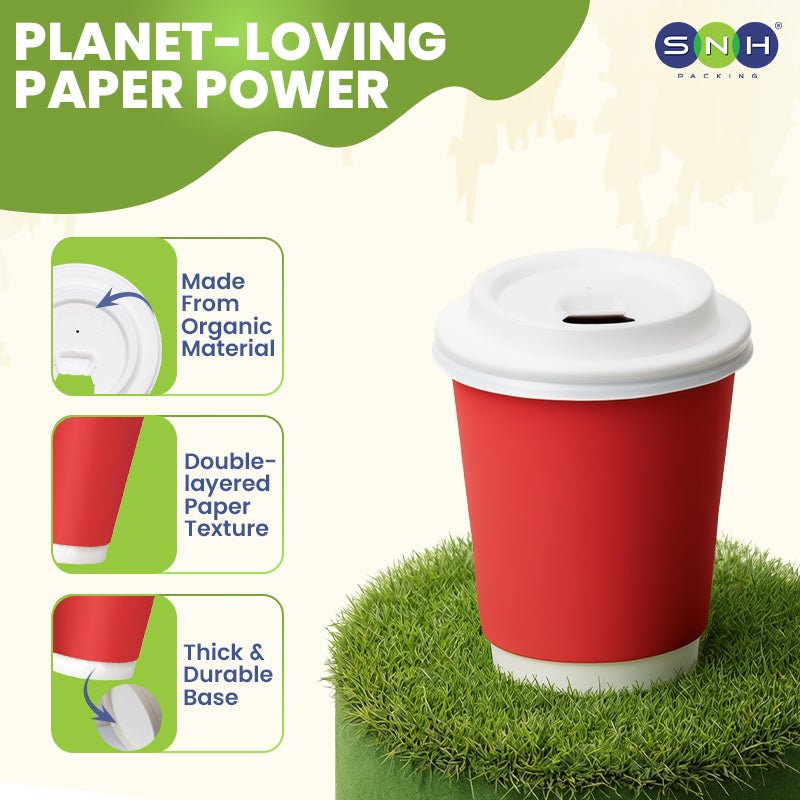 Red Double Wall Paper Cups with Bagasse Lids - SNH Packing