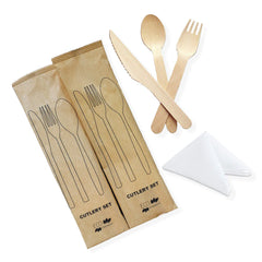 Wooden Cutlery Pack – Wrapped Eco-Friendly Spoon, Fork, Knife & Napkin Set | 500 PCS | Biodegradable, Hygienic & Disposable