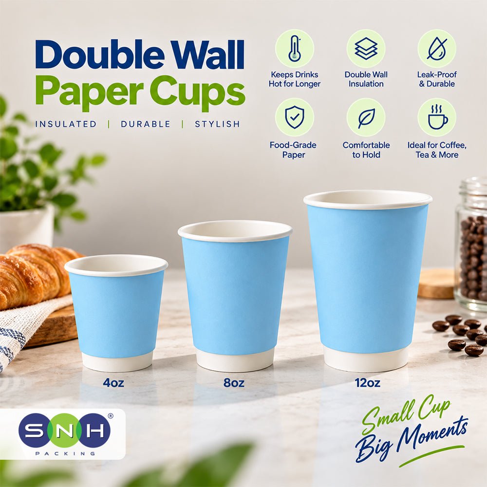 Sky Blue Double Wall Paper Cups 4oz 8oz 12oz Insulated - SNH Packing