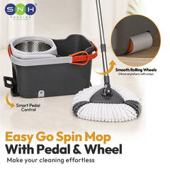 A spin mop with a black and gray bucket, white and gray microfiber head, and orange handle accents, shown on a light beige background with feature callouts and a circular inset demonstrating the wheel detail.