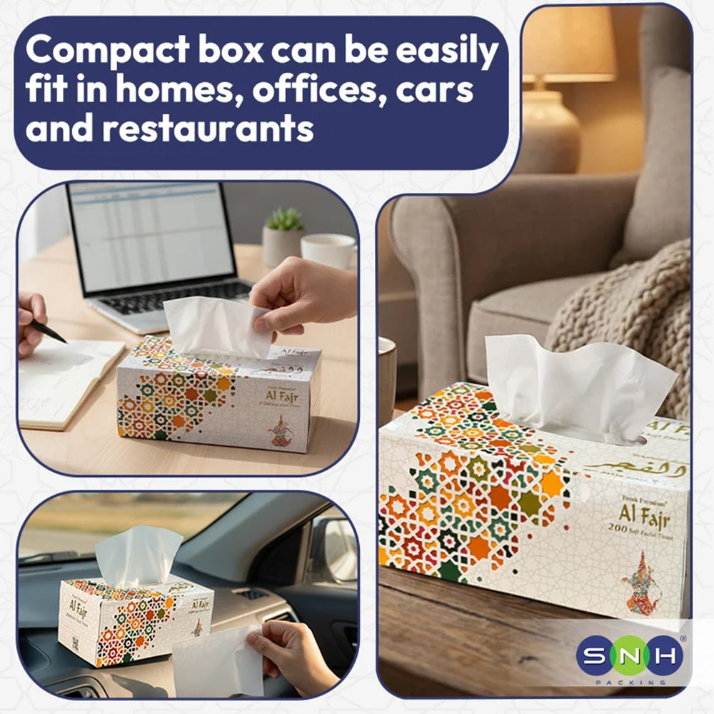 A collage showing a compact tissue box package with a tissue pulled out, placed in a home office, on a sofa, and inside a car. Text at the top says the compact box can easily fit in homes, offices, cars, and restaurants.