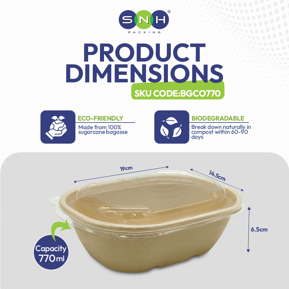 SNH bagasse oval container with PET lid 770ml takeaway bowl UAE