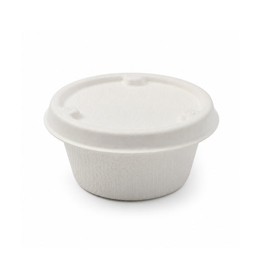 A small round white biodegradable plastic food container with a matching lid, shown on a clean white background.