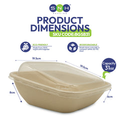 Beige food container with dimensions and eco-friendly features on a white background