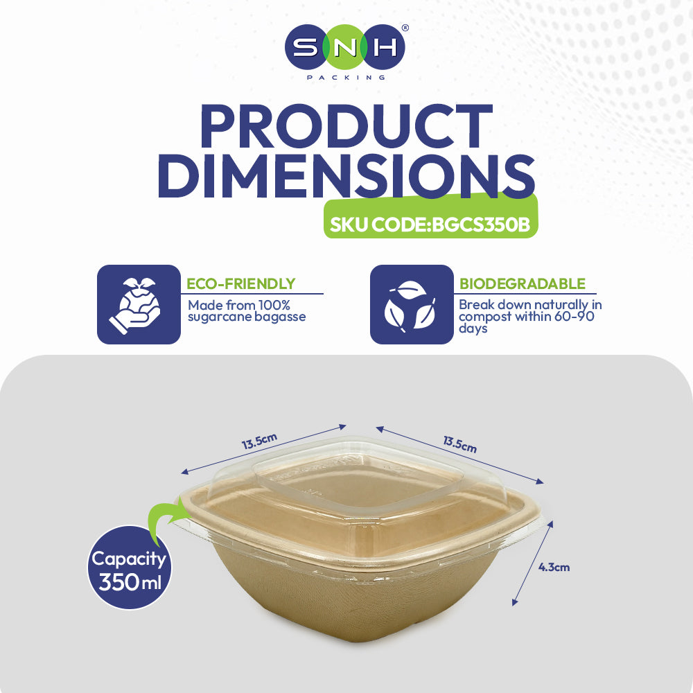 SNH bagasse square bowl container with PET lid 350ml takeaway food bowl UAE