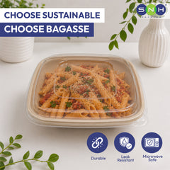 Eco-friendly packaging with pasta inside a microwave-safe bagasse container. Text reads "Choose Sustainable, Choose Bagasse." Features include durability, microwave safe and leak resistance. Green plant in the background.