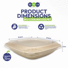 A square, eco-friendly container made from sugarcane bagasse is shown. It measures 21.6cm by 21.6cm by 5.7cm, holds 32oz, and is biodegradable.
