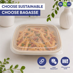 Eco-friendly packaging with pasta inside a microwave-safe bagasse container. Text reads "Choose Sustainable, Choose Bagasse." Features include durability, microwave safe and leak resistance. Green plant in the background.