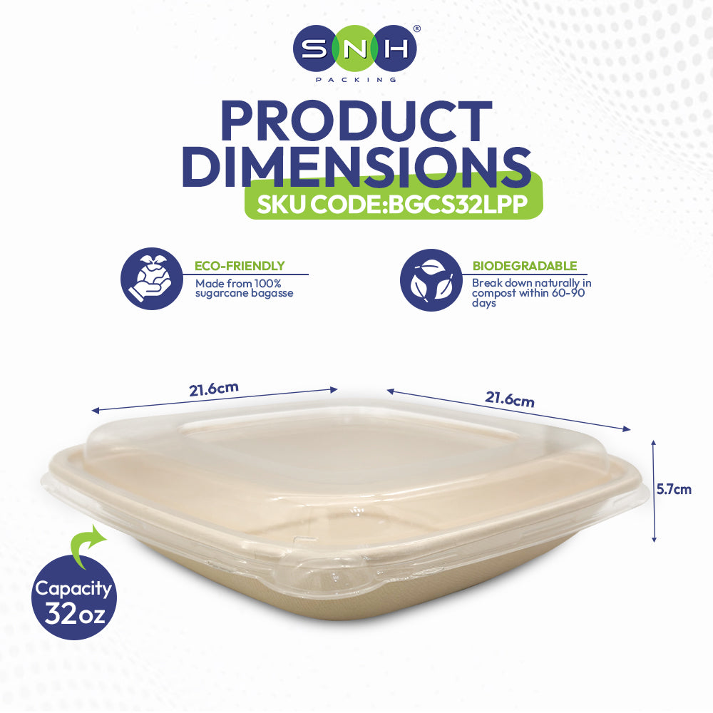 A square, eco-friendly container made from sugarcane bagasse is shown. It measures 21.6cm by 21.6cm by 5.7cm, holds 32oz, and is biodegradable.
